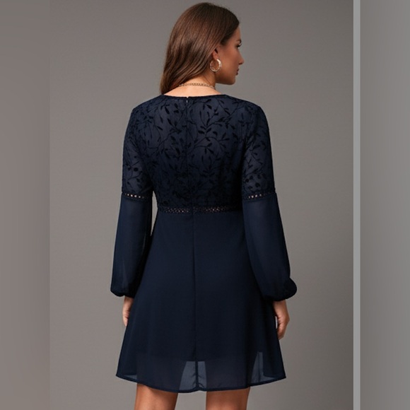 Guipure Lace Insert Lantern Sleeve Chiffon Dress Blue - Picture 4 of 12